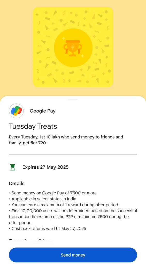 Google Pay Tuesday Treat Cashback Offer Get Rs 20